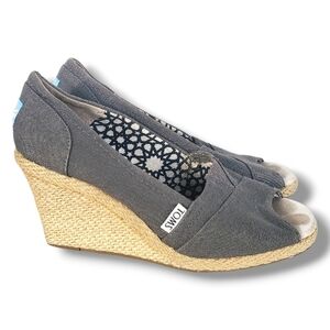 TOMS Calypso Wedge Canvas Sandals Women’s 6.5 Grey Peep Toe Espadrille Heels